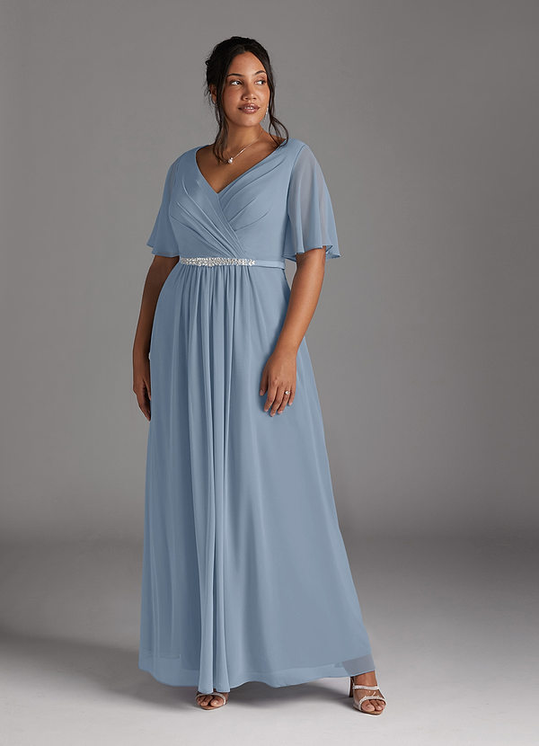 Azazie Tricia Mother of the Brides Dresses Dusty Blue A-Line V-Neck Pleated Chiffon Dress image1