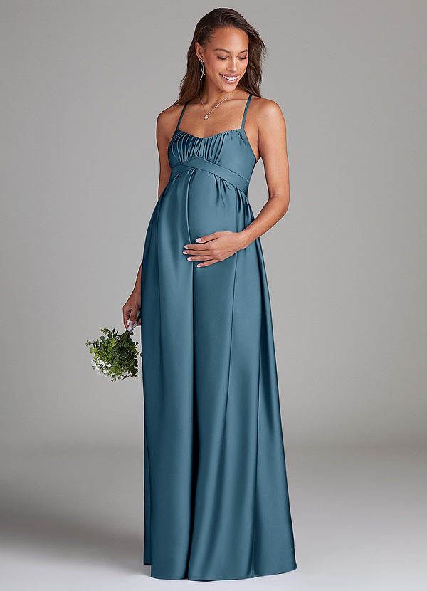 Azazie Llana Vestidos de dama de honor de maternidad Vestido de Corte En A Con bolsillos Hasta el suelo Satén Elástico image1