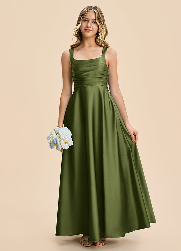Azazie Azaria Junior A-Linie Plissee Stretch-Satin Kleid Olivgrün image1