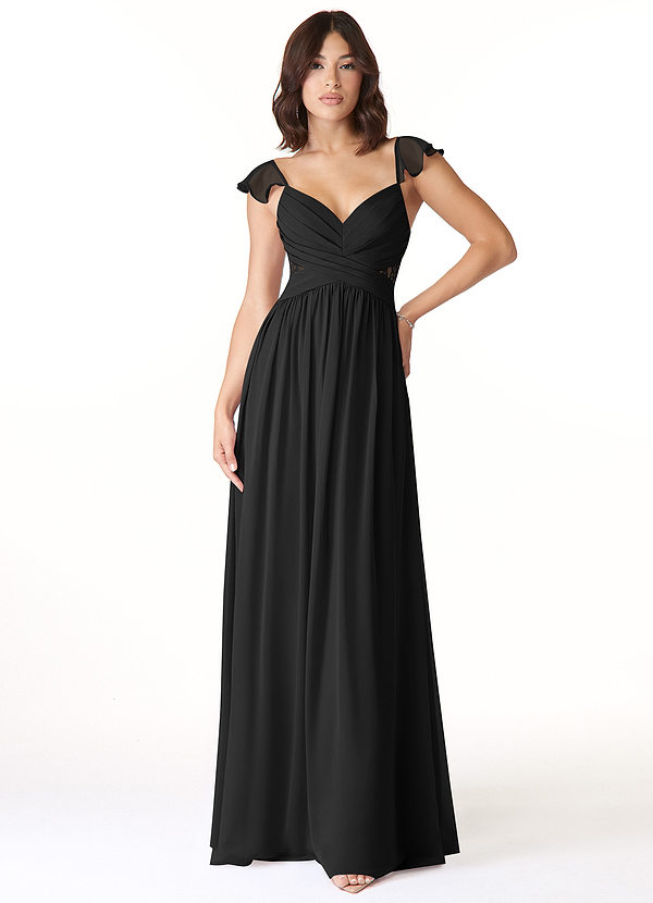 Azazie Lissa Bridesmaid Dresses Black A-Line Lace Chiffon Dress image1
