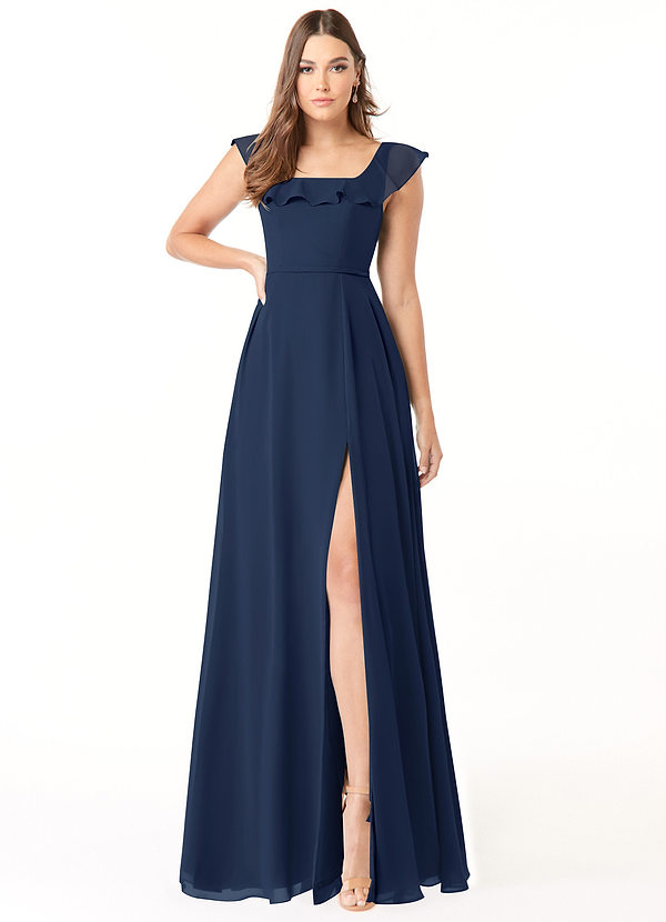 Azazie Jinny Vestidos Dama de Honor Vestido de Azul Marino Oscuro de Gasa de Corte en A con Cuello Cuadrado Acanalado image1