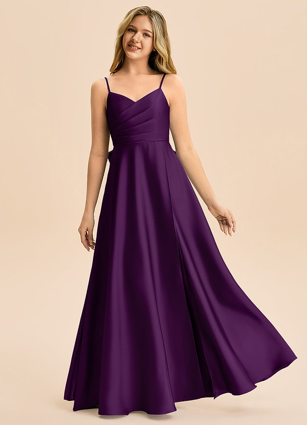 Azazie Rumi Junior Vestido de Uva de Satén Elástico de Corte en A con Plisado image1