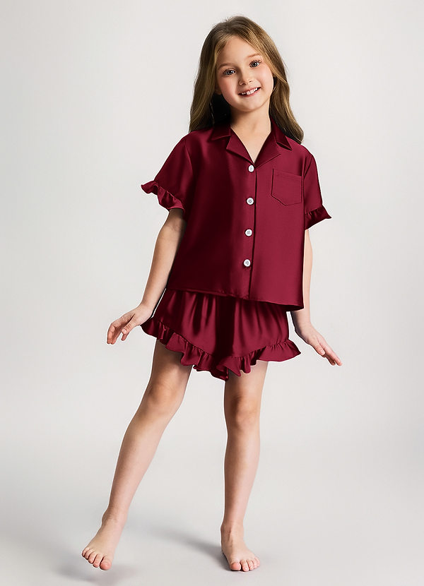front Burgundy Girls Ruffled Short Sleeve Pajama Set