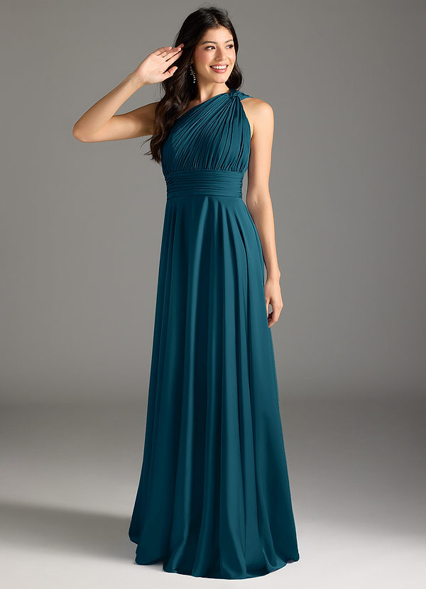 Azazie Charlize Robes de demoiselle d'honneur Robe Trapèze en Satin extensible Asymétrique Bleu Encre image1