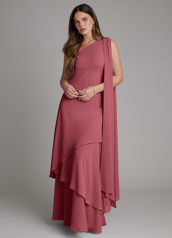 Azazie Monique Bridesmaid Dresses Merlot A-Line One Shoulder Chiffon Dress image1