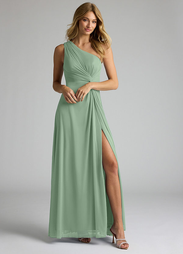 Azazie Brooke Vestidos de dama de honor Vestido de Matcha de Malla de Corte En A con Hombro unilateral image1