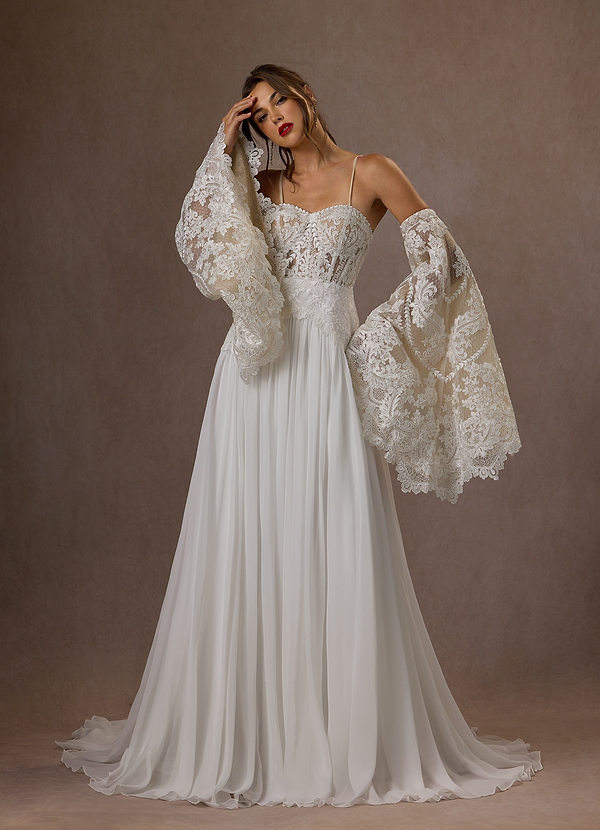 Azazie Rhya Diamond White Nude A-Line Off the Shoulder Lace Dress