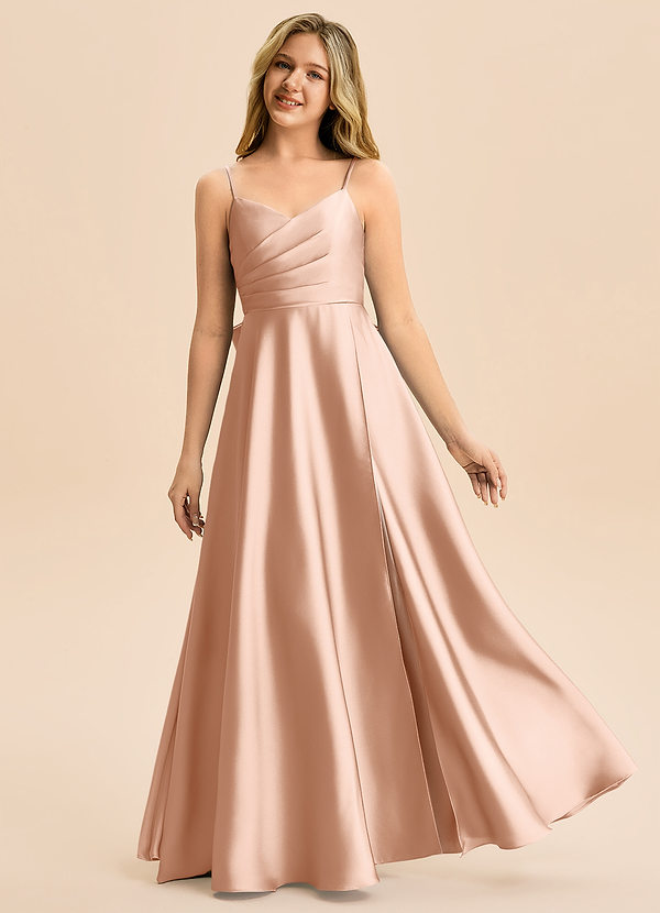 Azazie Rumi Junior Linia A Pofałdowany Satyna elastyczna Długość podłogi Młodsza druhna Sukienka image1