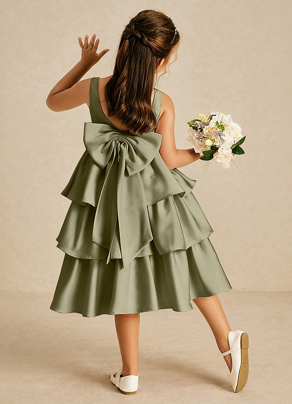 Azazie Margery Blumenkinder Kleider A-Linie Schleifen Stretch-Satin Kleid Pistazie image1