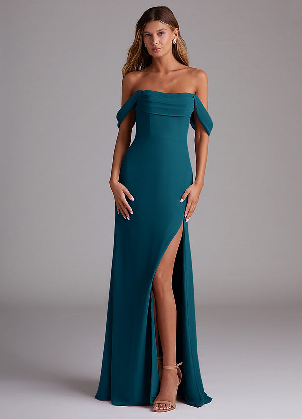 Azazie Saige Bridesmaid Dresses Ink Blue A-Line Off the Shoulder Chiffon Convertible Dress image1