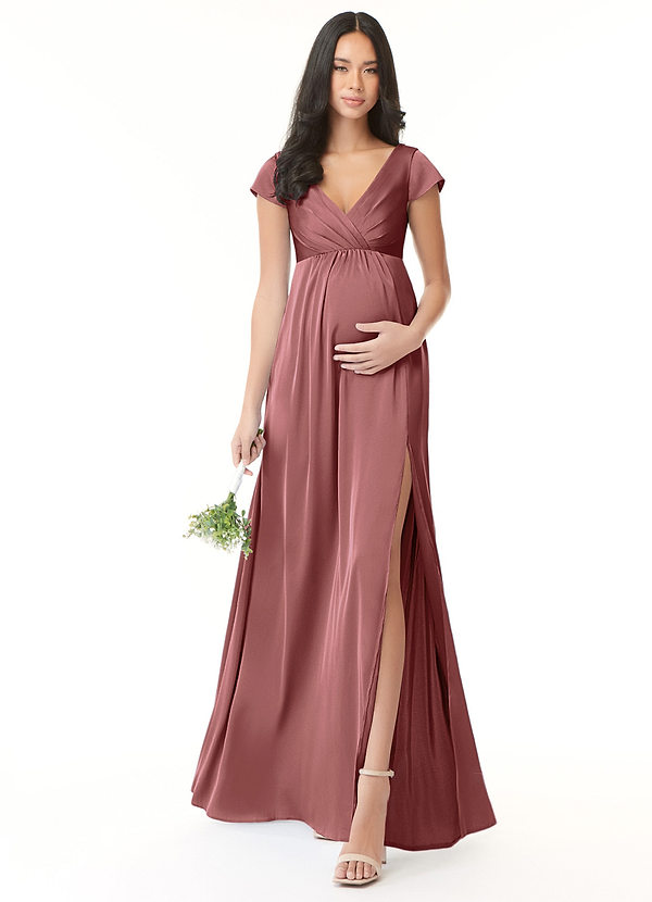 Azazie Allessia Maternity Bridesmaid Dresses Flowy Pleated Stretch Satin Long Dress image1