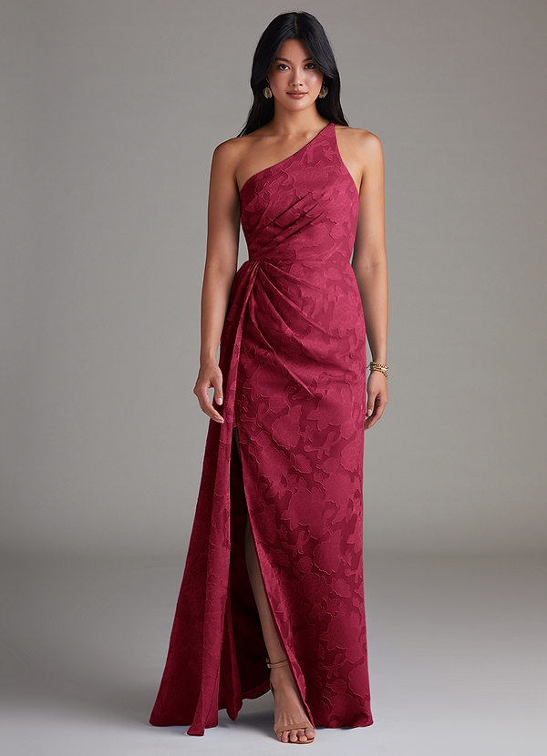 Azazie Mika Bridesmaid Dresses Burgundy Sheath One Shoulder Floral Burnout Dress image1