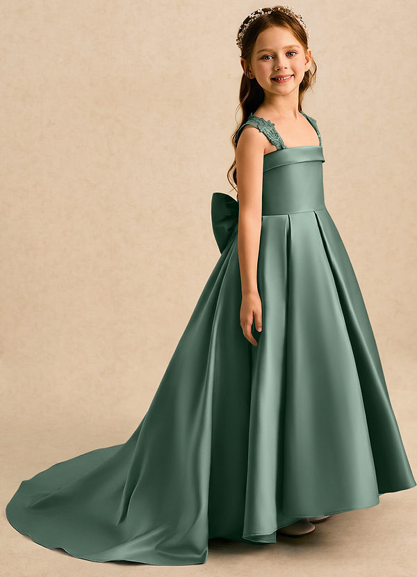Azazie Genie Flower Girl Dresses Eucalyptus Ball-Gown Off the Shoulder Matte Satin Dress image1