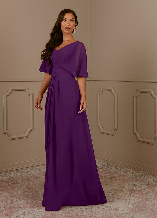 Azazie Oksana Mother of the Brides Dresses Grape A-Line V-Neck Pleated Chiffon Dress image1