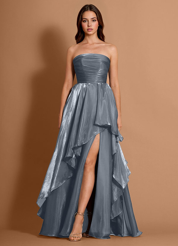 Dahlia Pó Azul Vestido de baile evasê com babados em chiffon com acabamento acetinado image1