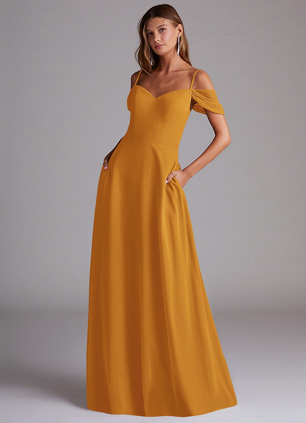 Azazie Marley Bridesmaid Dresses Butterscotch A-Line Off the Shoulder Chiffon Convertible Dress image1