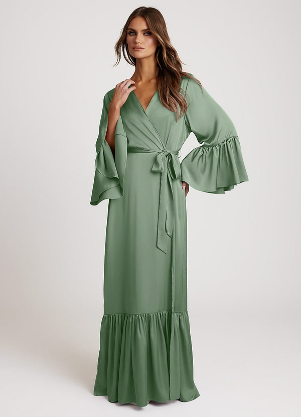 front Matcha Langer Brautmorgenmantel mit Rüschen