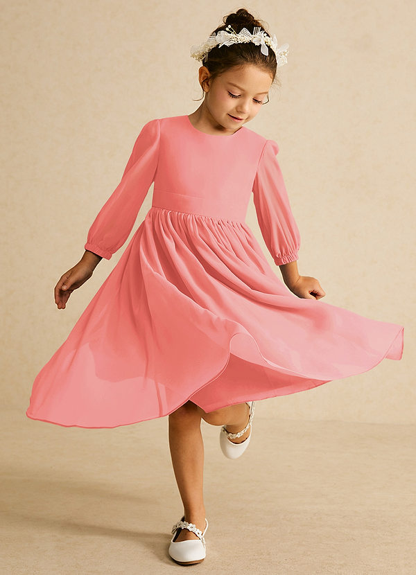 Azazie Lolo Robes de Fillette d'Honneur Robe Trapèze en Mousseline de soie avec manches Corail image1