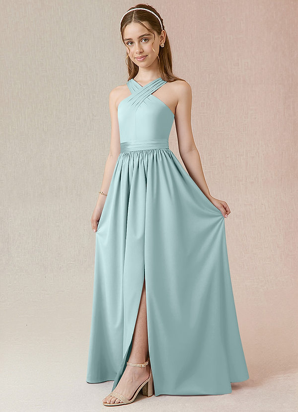 Azazie Jiya Junior Sea Glass A-Line Pleated Stretch Satin Dress image1
