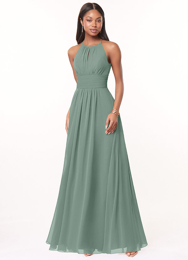 Azazie Bonnie Brautjungfernkleider A-Linie Schlüsselloch Gerüscht Chiffon Kleid Silberner Salbei image1