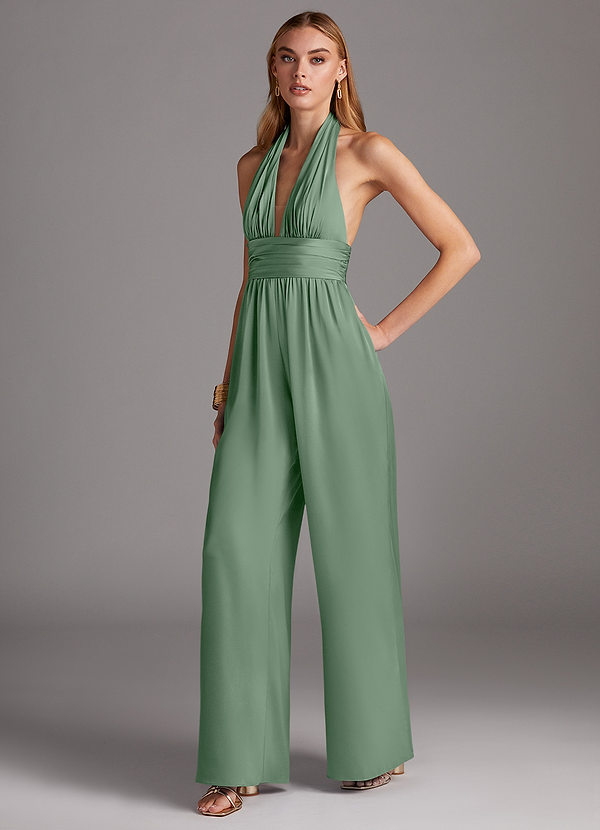 Azazie Oli Stretch Satin Jumpsuit Ready to Ship Matcha Stretch