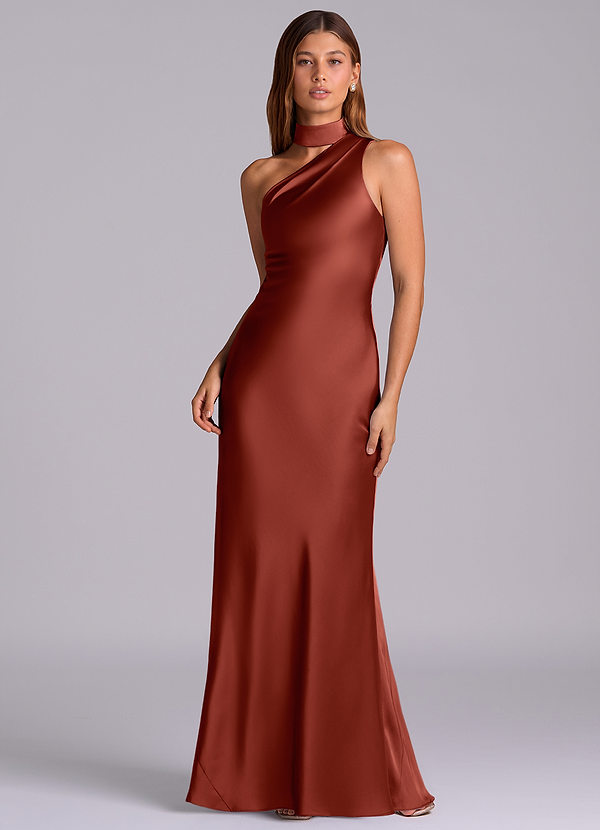 Azazie Seona Robes Demoiselle d'honneur Robe Sirène en Satin extensible Une épaule Terracotta image1