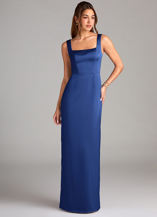 Azazie Flori Bridesmaid Dresses Royal Blue Sheath Side Slit Stretch Satin Dress image1