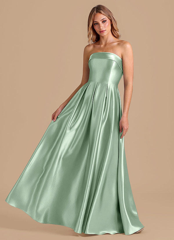 Azazie Lucienne Bridesmaid Dresses Matcha A-Line Pleated Metallic Satin Dress image1