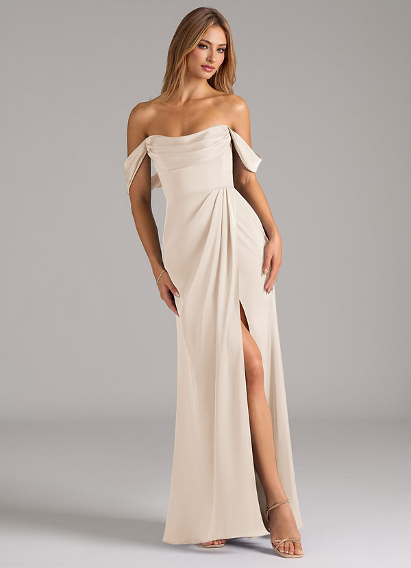 Azazie Johana Bridesmaid Dresses White Alabaster Mermaid Off the Shoulder Stretch Satin Convertible Dress image1