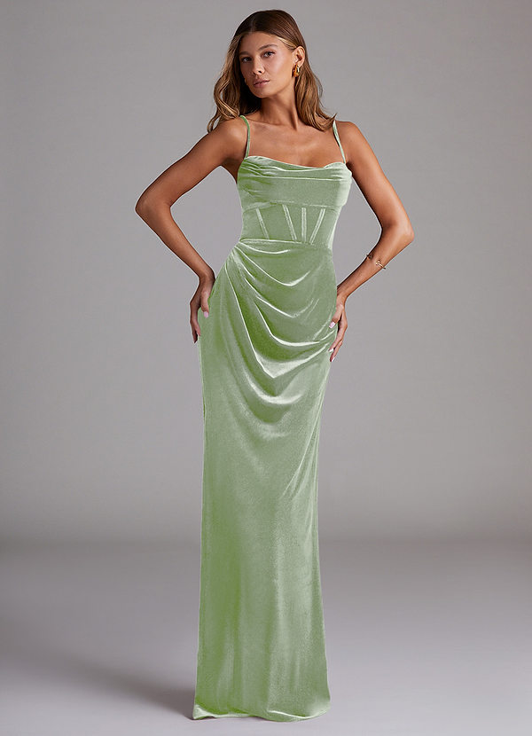 Azazie Mai Robes Demoiselle d'honneur Robe Fourreau en velours Encolure en Forme de Cœur Vert Sauge image1