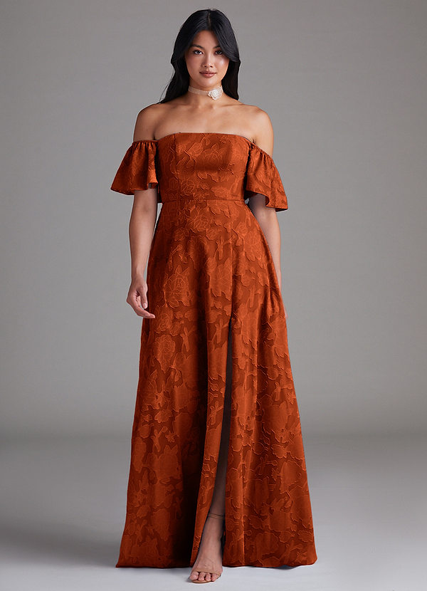 Azazie Sue Abiti da Damigella Abito Convertibile A-Line in Burnout Floreale a Spalla Scoperta Paprika image1