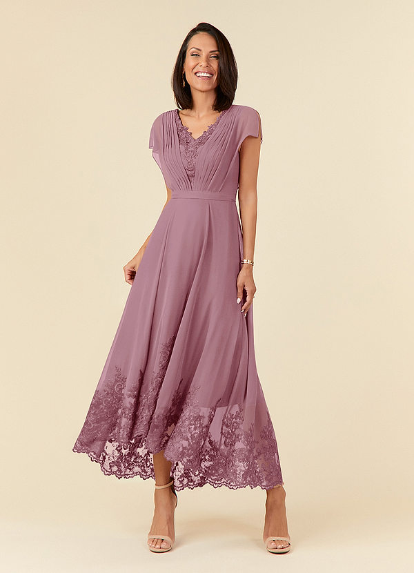 Azazie Palana Mother of the Brides Dresses Vintage Mauve A-Line Lace Chiffon Dress image1