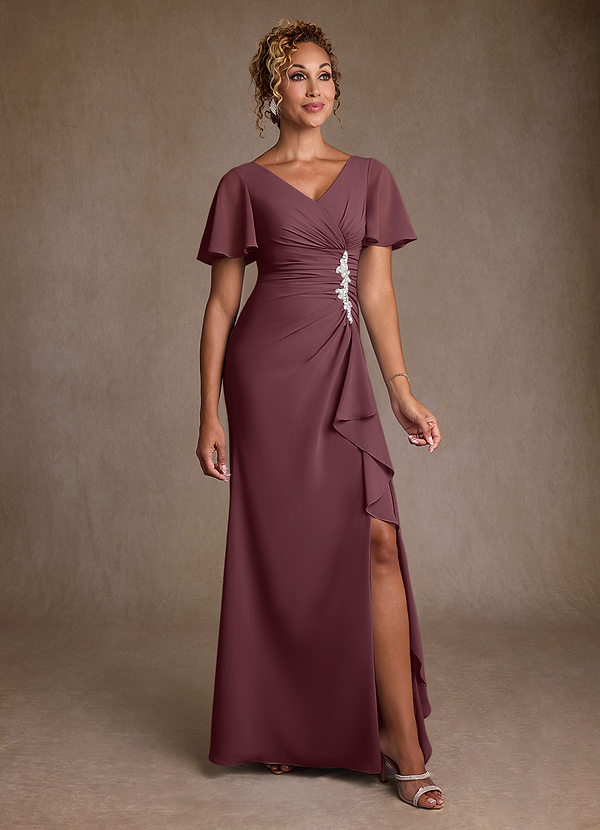 Azazie Suffolk Robe Mère de la Mariée & du Marié Robe Trapèze en Mousseline de soie Plissée Sangria image1