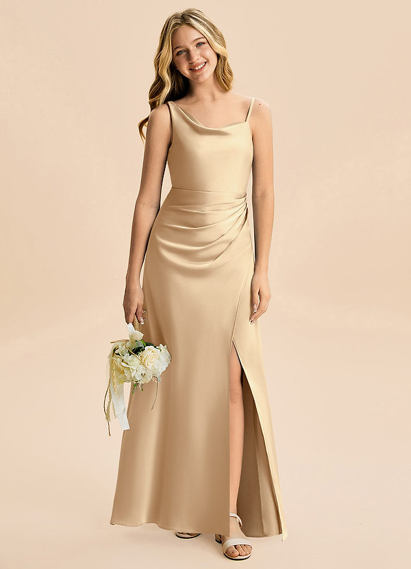 Azazie Abby Junior Champagne A-Line Pleated Stretch Satin Dress image1