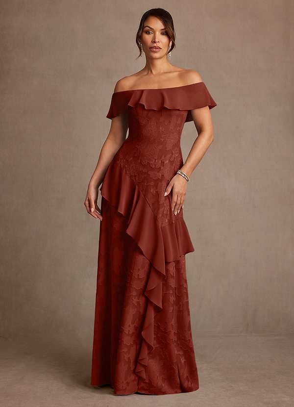 Azazie Marina Mother of the Brides Dresses Terracotta A-Line Off the Shoulder Floral Burnout Dress image1