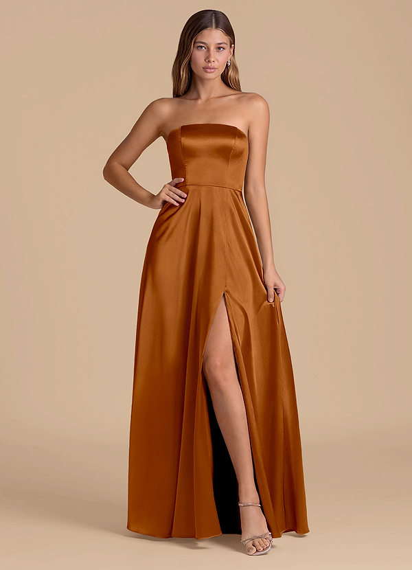 Azazie Wren Brudtärneklänningar Klä av A-Linje i Metallisk satin Axelbandslös Koppar image1