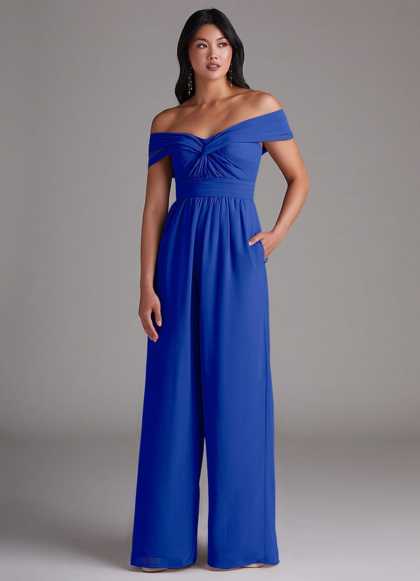 Azazie Lamara Robes Demoiselle d'honneur Combinaison Convertible en Mousseline de soie Épaule décolletée Bleu Roi image1