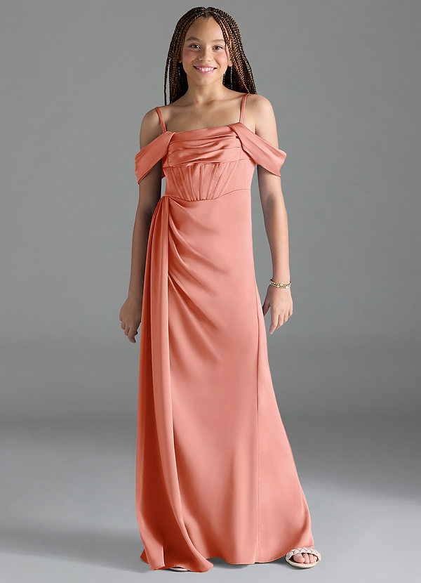 Azazie Amyra Junior Coral Sheath Off the Shoulder Stretch Satin Dress image1