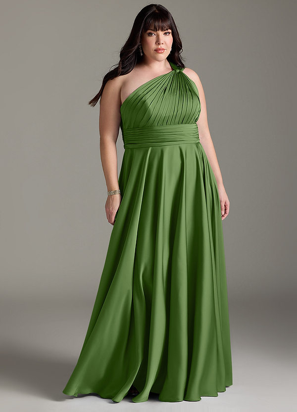 Azazie Charlize Bruidsmeisjesjurken Jurk van Stretch Satijn met A-lijn One-shoulder Basilicum image1