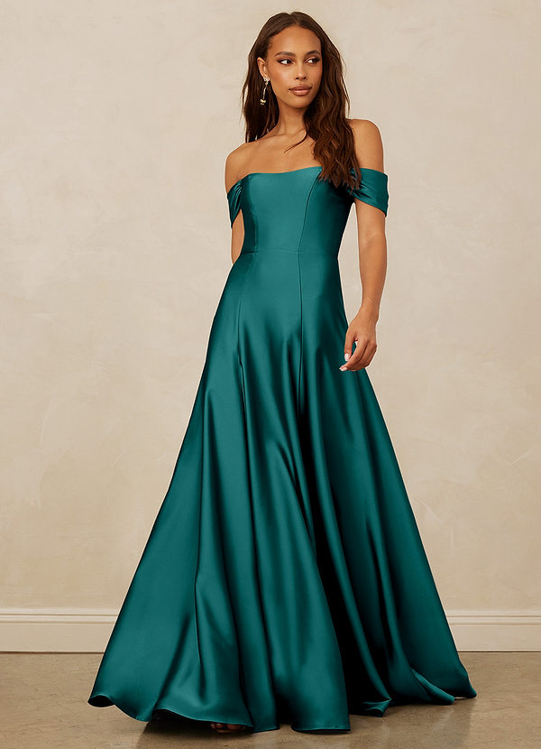 Christian Siriano Bridal for Azazie 1002 Bridesmaid Dresses Peacock A-Line Off the Shoulder Stretch Satin Convertible Dress image1