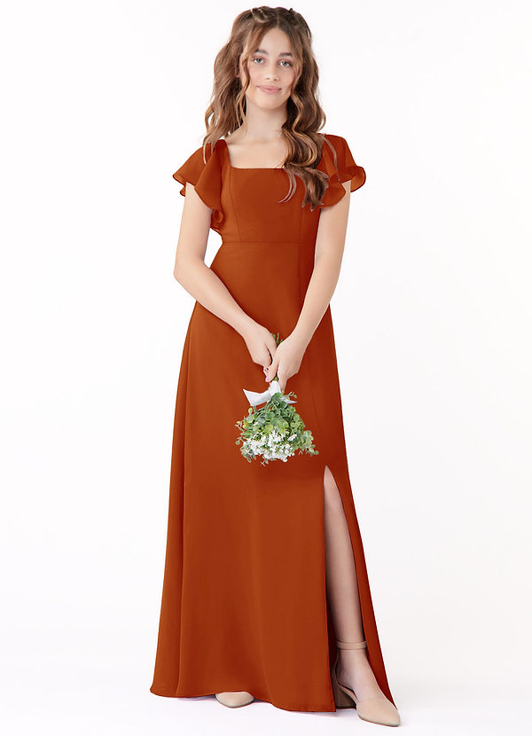 Azazie Bondi Junior Paprika A-Line Bow Chiffon Dress image1