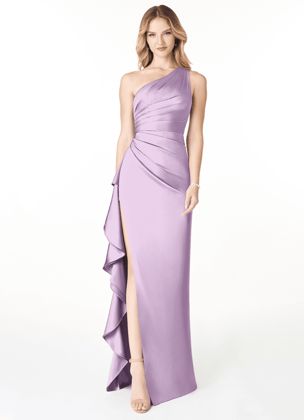 Azazie Latrice Bridesmaid Dresses Frosted Lilac Sheath One Shoulder Cascading Ruffles Stretch Satin Dress image1