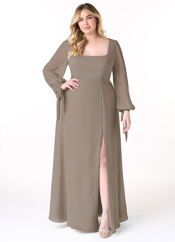 Azazie Leonia Bridesmaid Dresses Taupe A-Line Long Sleeve Chiffon Dress image1
