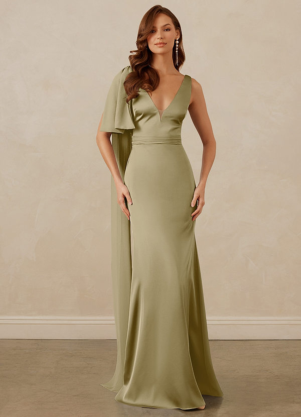 Christian Siriano Bridal for Azazie 1011 Bridesmaid Dresses Moss Green Mermaid Bow Stretch Satin Dress image1