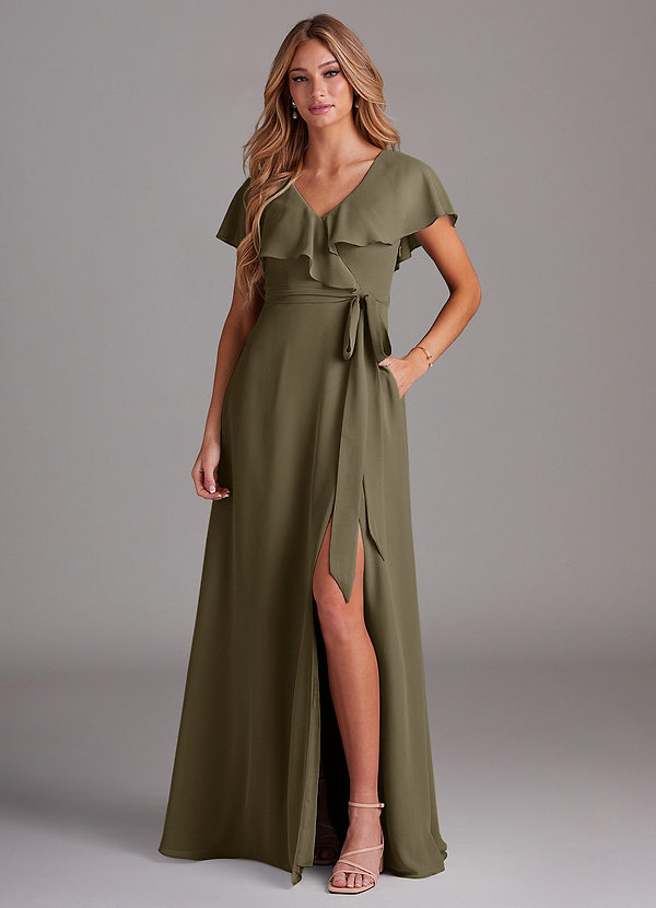 Azazie Lainey Bridesmaid Dresses Willow Green A-Line with Pockets Chiffon Dress image1