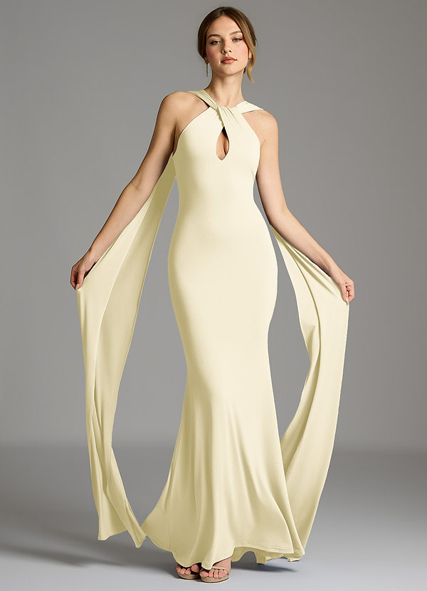 Azazie Sable Brautjungfernkleider Meerjungfrau-Linie Plissee Premium Stretch Jersey Kleid Zitronensorbet image1