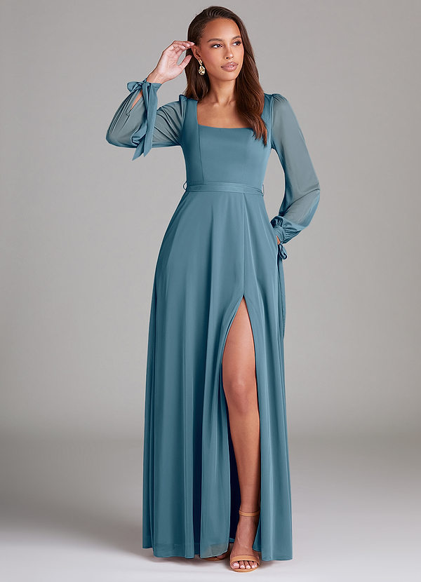 Azazie Leonia Brautjungfernkleider A-Linie Langarm Gittergewebe Kleid Bermudablau image1