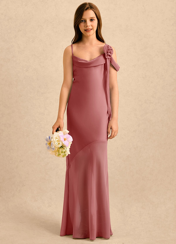 Azazie Kai Girls Formal Sukienki dla dziewczynek sypiących kwiaty Osłona Pofałdowany Satyna elastyczna Długość podłogi Sukienka image1