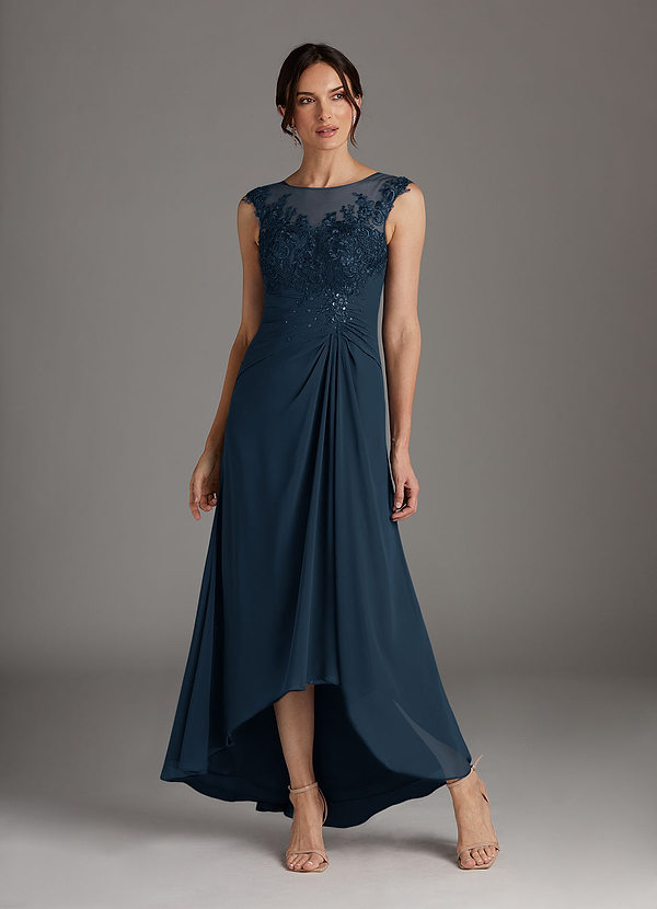 Azazie Endora Dark Navy A-Line Scoop Lace Chiffon Dress Ready to