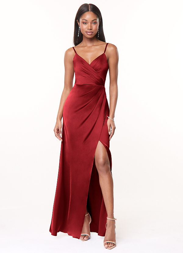 Azazie Maci Bridesmaid Dresses Scarlet A-Line V-Neck Pleated Stretch Satin Dress image1